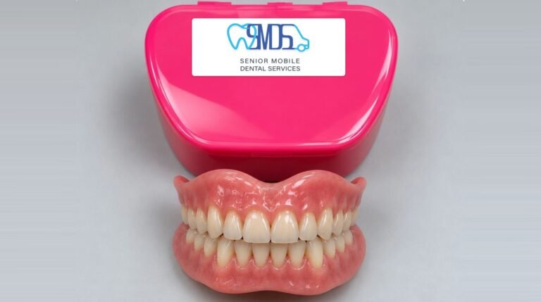 Full dentures beside a pink denture case labelled with the SMDS logo